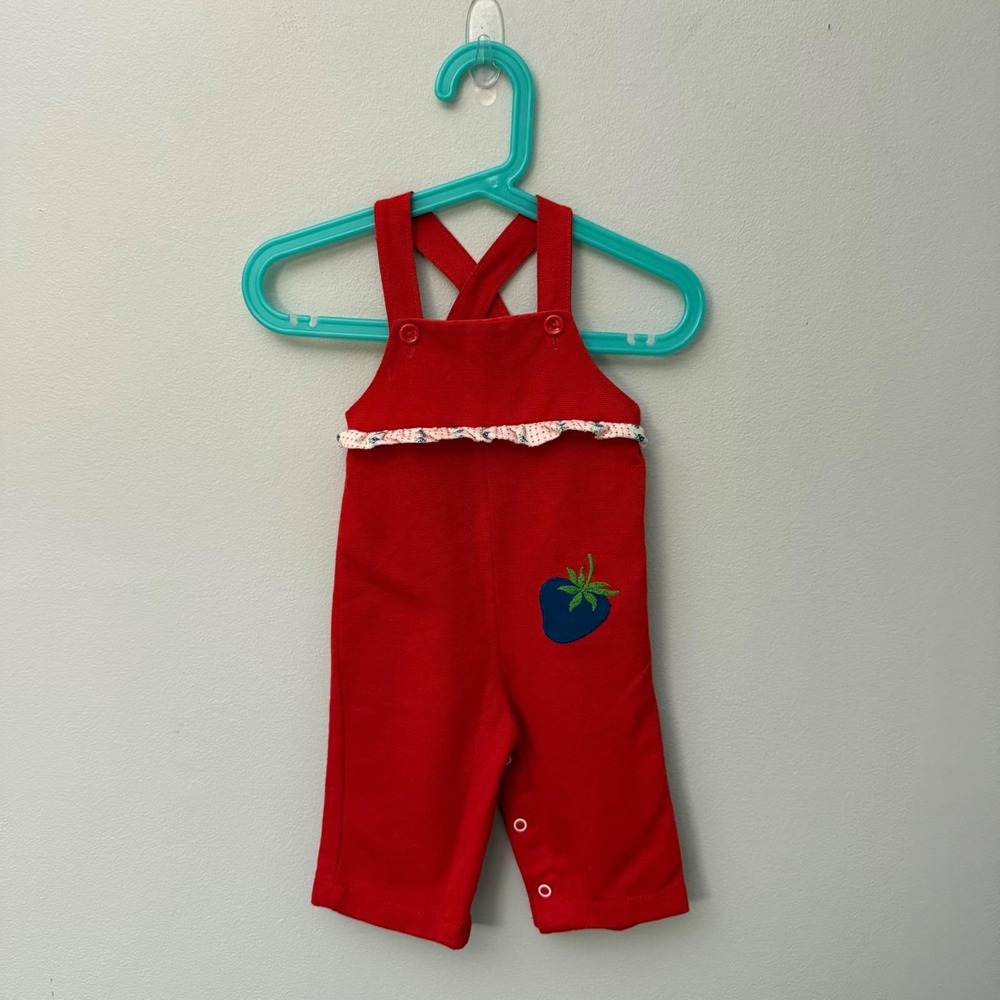 Vintage Kids 70s Health Tex Strawberry Patch Overalls 9 Months Baby Made In USA